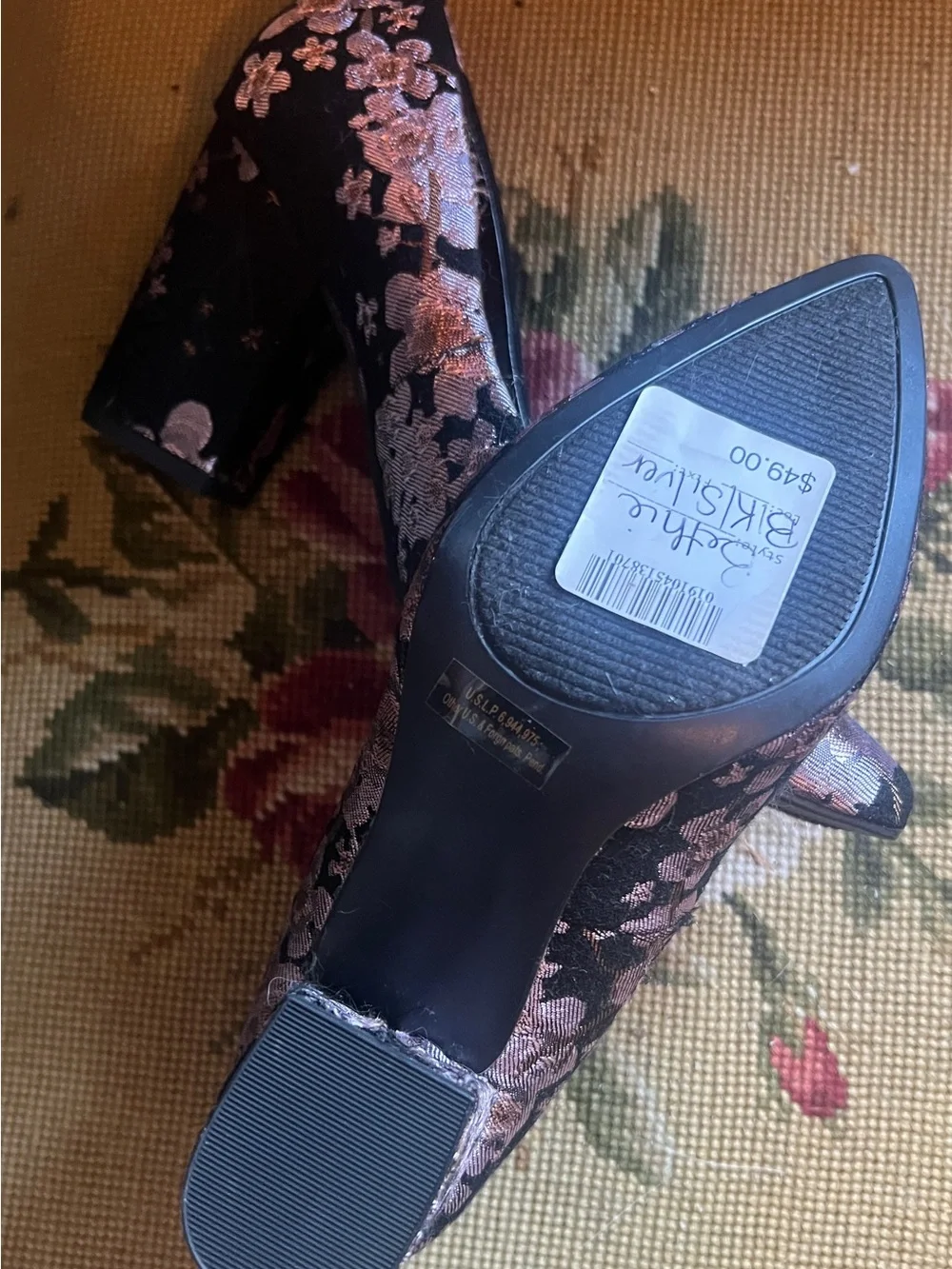 Rampage Black Pumps with Pink Floral Brocade